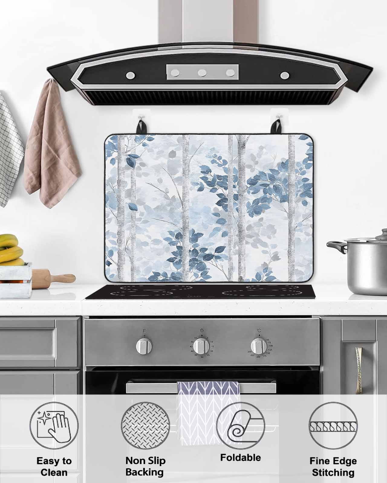 nqOlkjepod Large Induction Cooktop Protector Mat 24"x21", Blue Grey Leaves Stove Top Covers for Electric Stove, Watercolor Branches Vintage Forest Stove Burner Cover Mats, Glass Top Stove Cover