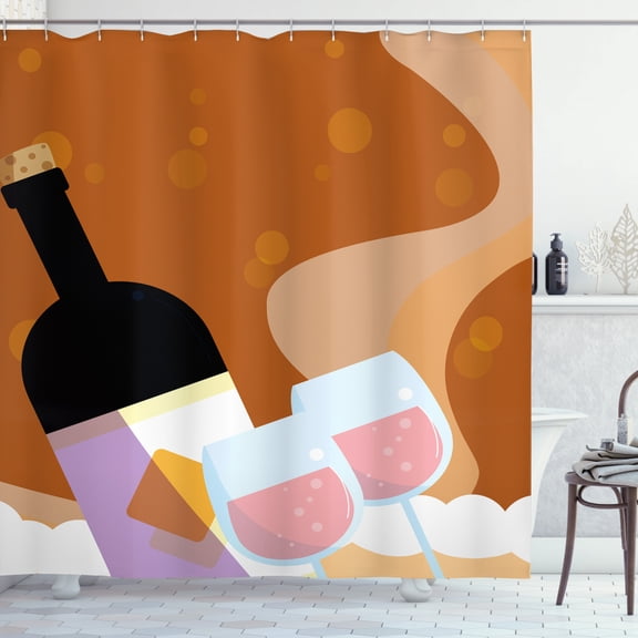 Merlot Shower Curtain, Rose Wine Bottle Glasses Bubbles Background Cartoon, Fabric Bathroom Set with Hooks, 69"WX70"L, Cinnamon Pale Pink Almond and Pale Lilac, by Ambesonne