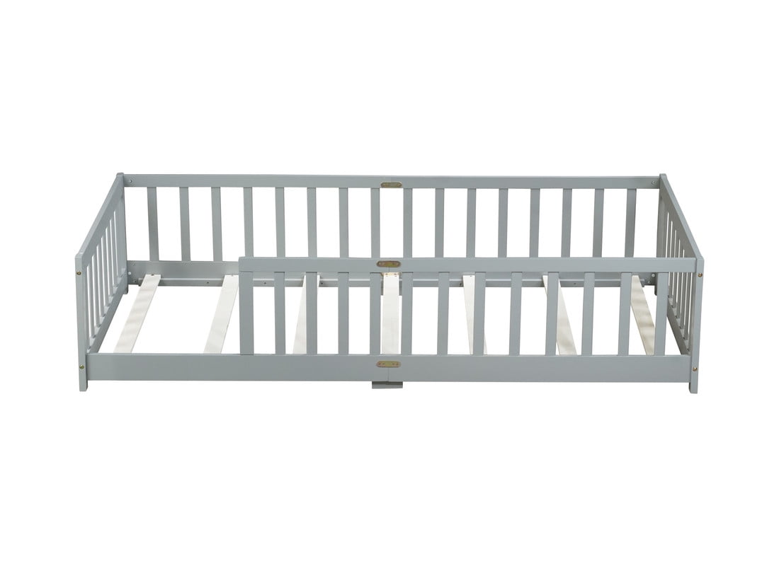 Bellemave Twin Size Floor Beds, Wood Montessori Bed with Fence Railings & Support Slats, No Box Spring Needed (Gray）