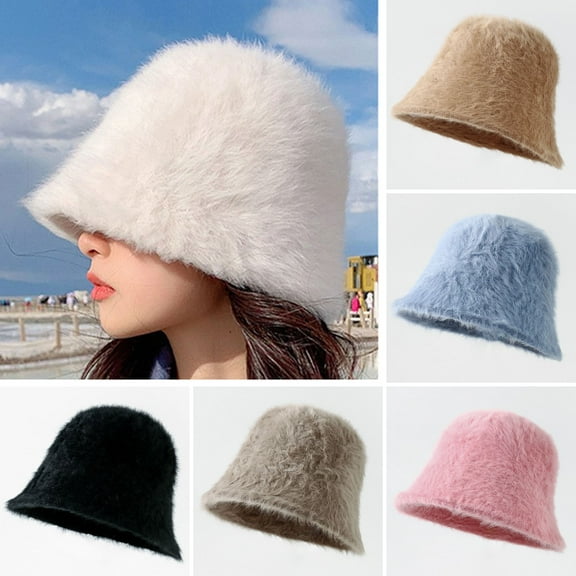 Naierhg Beanie Women Winter Imitation Rabbit Fur Fisherman Hat Round Dome Inner Adjustable Drawstring Soft Warm Basin Bucket HatBlue