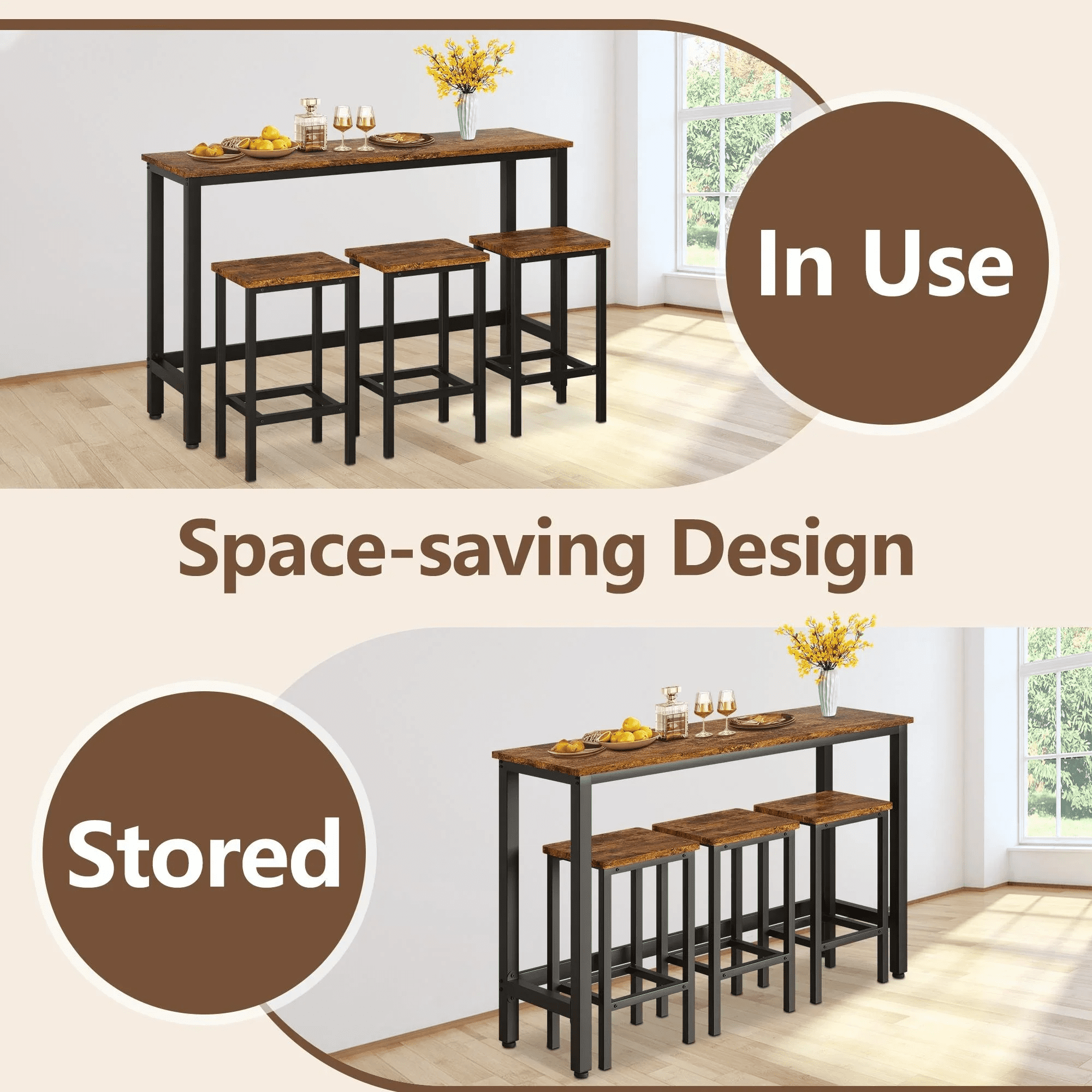 Small Kitchen Table Set for 3, Modern Dining Room Table Set with 3 Stools, Extra Long Bar Table Set, Wooden Pub Table, and Chairs Set, Saving Space Patio Restaurant Bistro Table Set, Brown