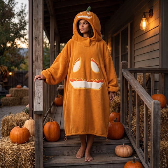Unisex Hooded Pumpkin Onesie Jumpsuit, Soft Fuzzy Plush Halloween Pajama with Pumpkin Pattern Hood, Halloween Party Gift, L