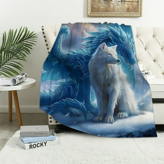 BCIIG Soft Plush Flannel Blanket, White Wolf Blue Dragon Design, All Seasons 40x50in