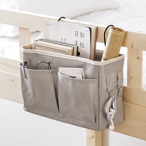 Hanging Bedside Caddy Organizer, Cotton Linen Bed Storage Bag, Over-Bed Rail Organizer for Dorm Bunk Hospital Bed, Phone Books Holder, gray
