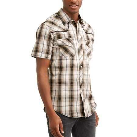 - Men's Short Sleeve Text Plaids with Piping And Offset Pockets Shirt