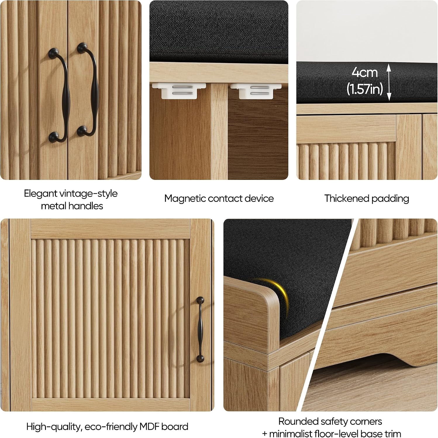 31.5" Entryway Shoe Storage Bench with Cushion Seat, Double Doors, Oak