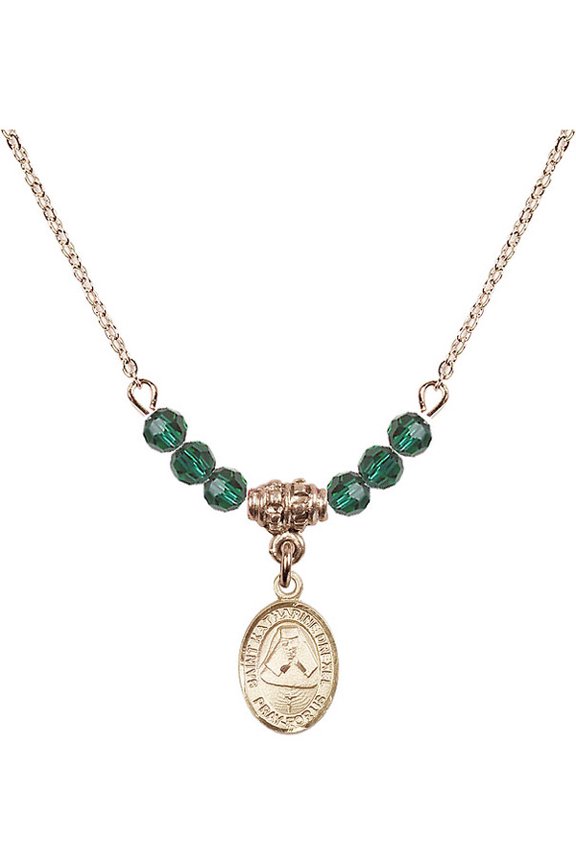 18-Inch Hamilton Gold Plated Necklace with 4mm Green May Birth Month Stone Beads and Saint Katharine Drexel Charm
