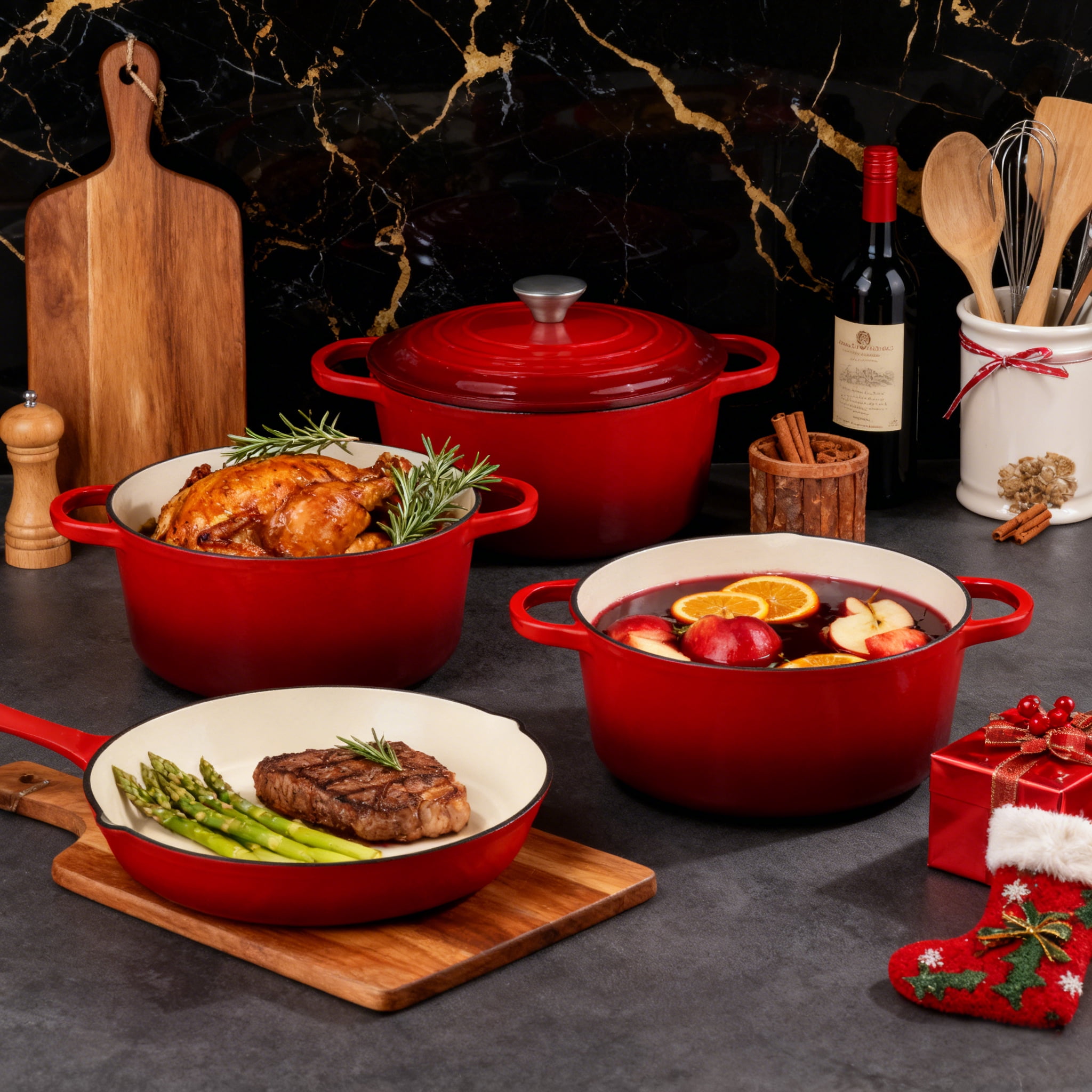 CAANNASWEIS 7 Piece Cast Iron Cookware Set, Pre-Seasoned Heavy Duty Pots and Pans Collection for Home Kitchen, Induction Compatible