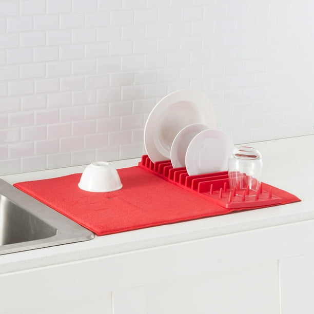 Low Profile Plastic Dish Drying Rack with Buttoned Micro Fiber Drying