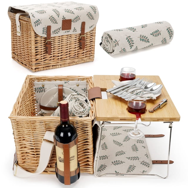 Canasta de Picnic WILLOW WEAVE con Mesa y Soporte para Vino