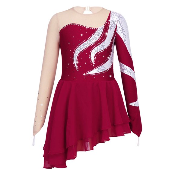Yruioon Kids Girls Mesh Splice Shiny Rhinestone Figure Ice Skating Dress Asymmetrical Lyrical Dance Dress Dancewear Red 6