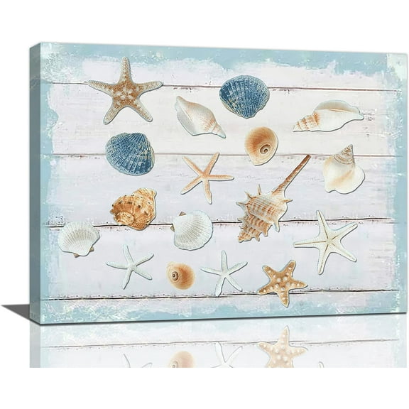 Beach Nautical Wall Art Ocean Coastal Shell Starfish Pictures Wall Decor Rustic Seashell Bathroom Decor Canvas Painting Prints Modern Artwork Home Decor for Bathroom Bedroom Living Room 16"x12"