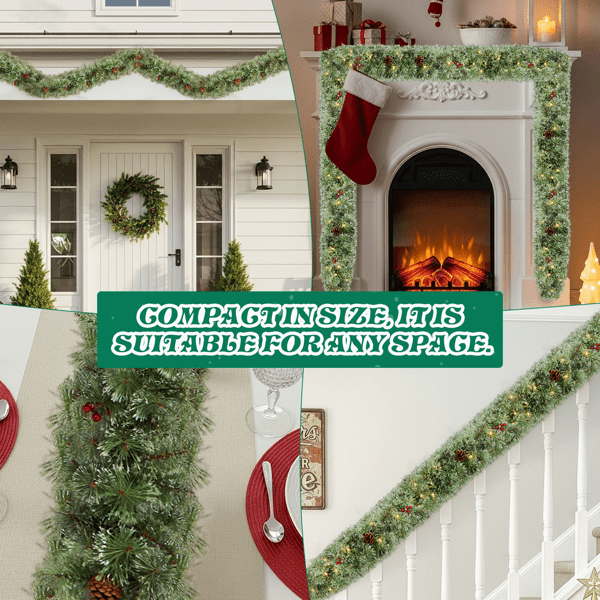 2-Pack 9FT Pre-Lit Snow Flocked Christmas Garlands, 440 Branch Tips, 200 Warm White LEDs, for Indoor/Covered Outdoor (Mantel/Staircase/Entryway)