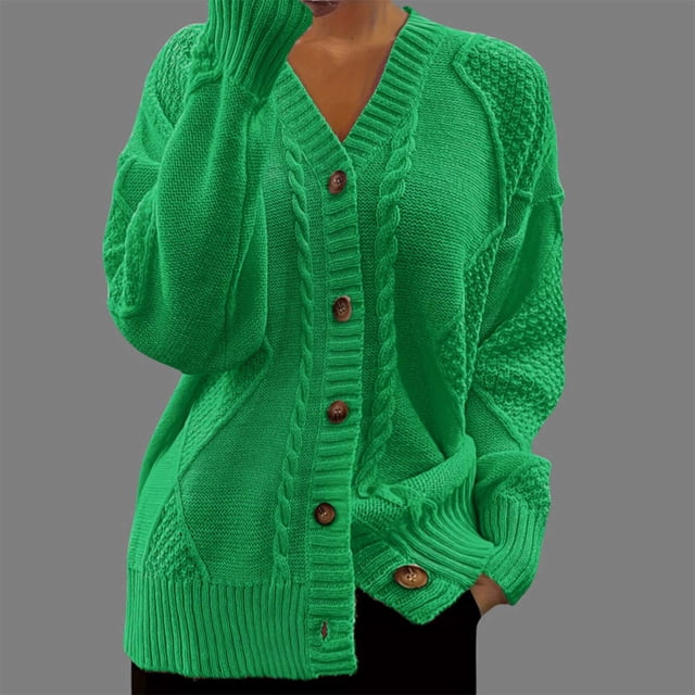 Suéter de cuello en V para mujer, cárdigan de punto de manga larga de color liso con cuello en V y blusa con botones.