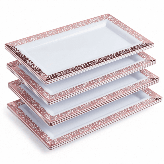 Yumchikel Serving Trays, Rose Gold Lace Rim, 14" x 7.5", 4-Pack