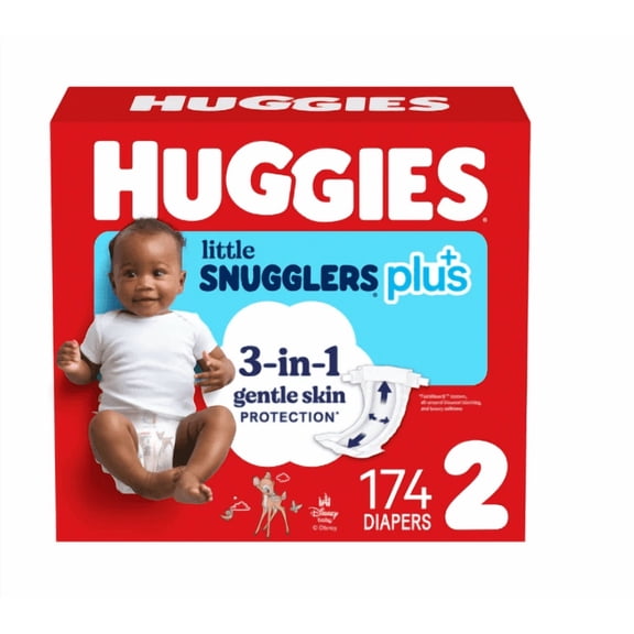 Huggies Plus Diapers Size 2, 174 Count, 12-18 lbs, 3-in-1 Skin Care Protection, Leak & Blowout Protection, GentleAbsorb Baby Disposable Diapers