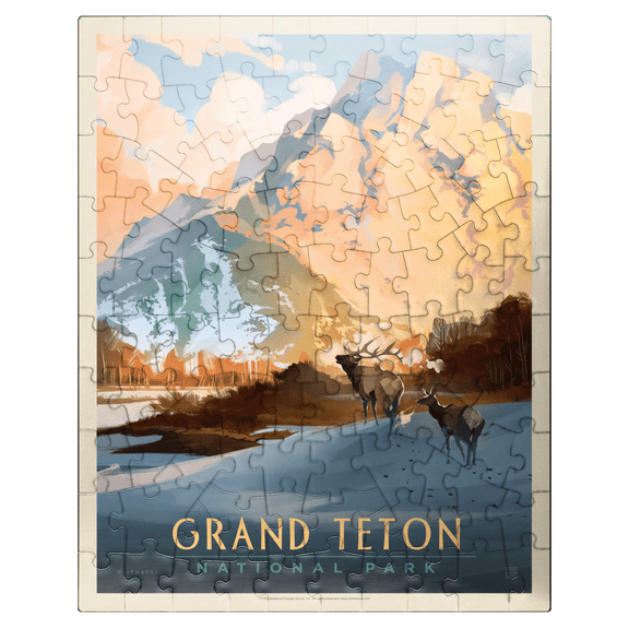 MyPuzzle - Grand Teton National Park: Winter Hush, Vintage Poster - Premium 100 Piece Jigsaw Puzzle for Adults