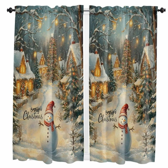 Christmas Kitchen Curtain 2 Panels Curtains 63 Inch Length, Snowman Snowflake Xmas Farmhouse Curtains Rod Pocket Curtains Window Drapes Treatment Window Cafe Curtains