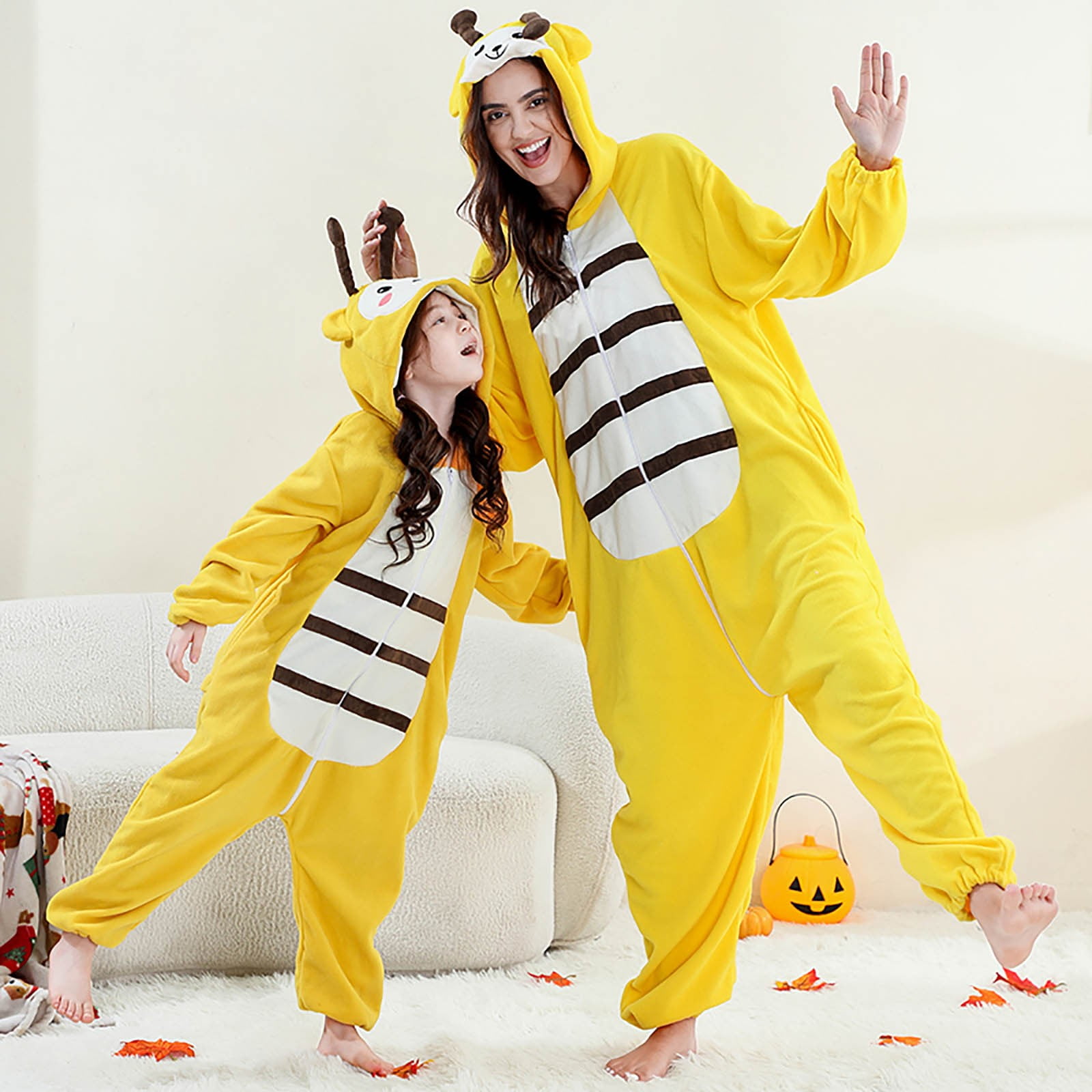 VNKIDY Women Autumn Winter Family Matching Yellow Cute Onesie Pajamas Plush Thermal Long Sleeve Loungewear With Hood Pockets For Home Relaxing Relaxed Set