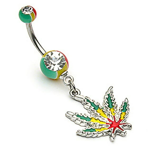 Pierce2GO 14G Rasta Colored 316L Surgical Steel Barbell with Dangle Marijuana Leaf Pendant