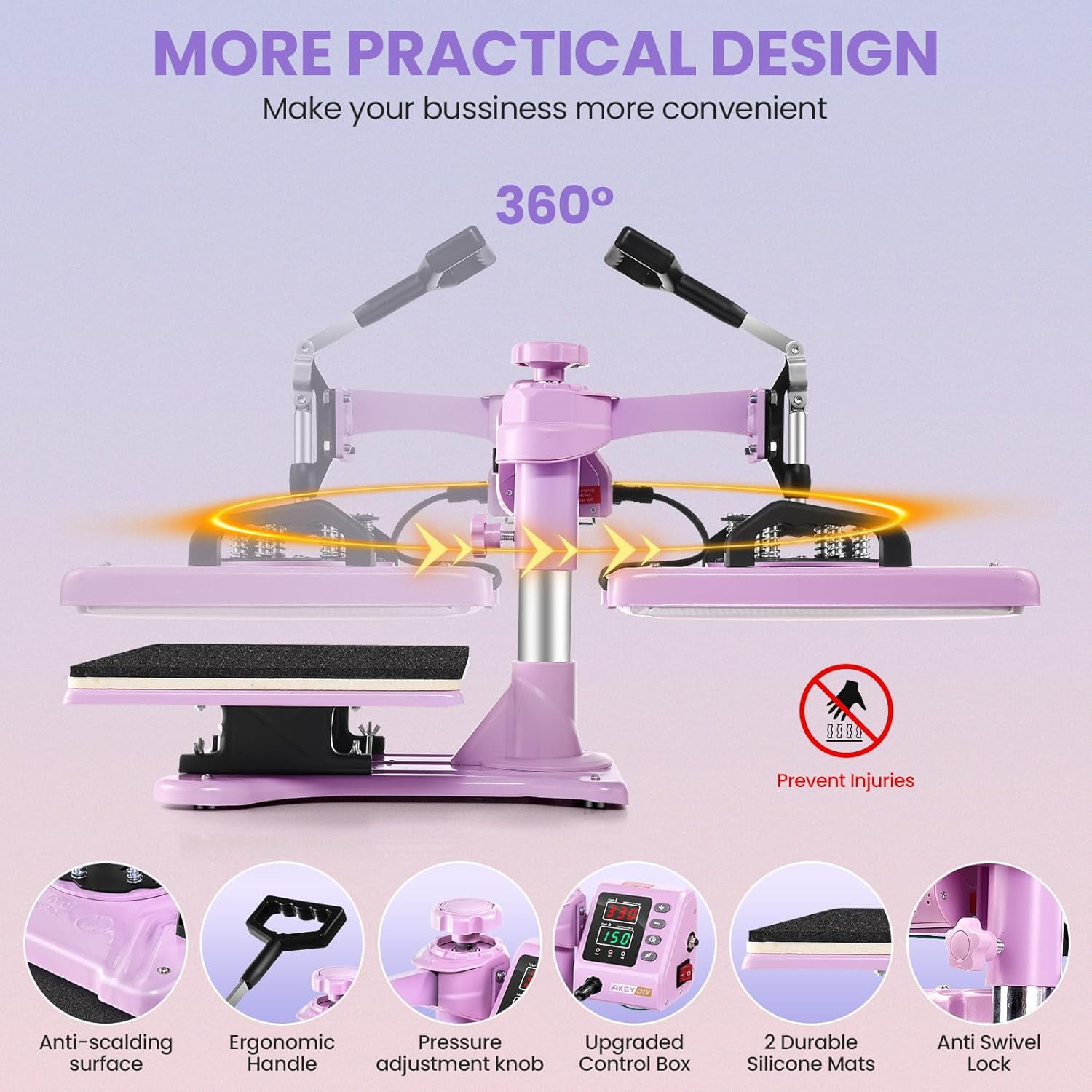 Adnoom 5 in 1 Heat Press Machine Combo,360°Swing Away Sublimation Heat Transfer 15"x12", Digital shirt Press Machine for Hat Cap Mug Plate,Pink Purple