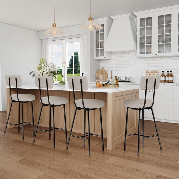 Set of 4 moderno forrado bar stools-counter height con round seat back y footrest para kitchen island dining room o pub (gris)