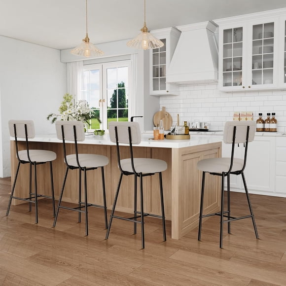 Bingirl Set of 4 Modern Upholstered Bar Stools - Counter Height with Round Seat, Back, and Footrest for Kitchen Island, Dining Room, or Pub (Grey)
