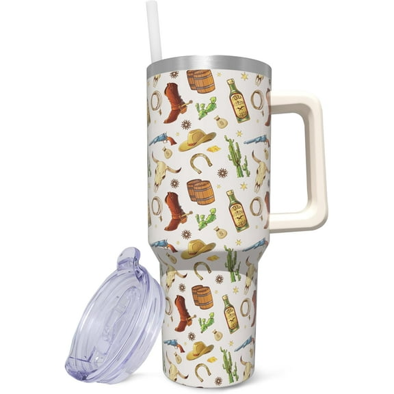 40oz Insulated Stainless Steel Tumbler with Handle, Straw & Leakproof Lid - Cow Skull Western Design, Reusable Cup for Coffee & Cold Drinks, Cowgirl Women''s Gift