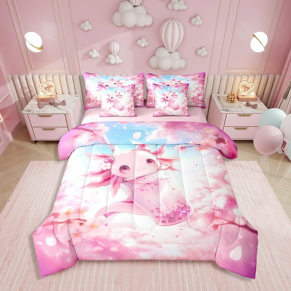 7 Pieces Cute Axolotl Comforter Twin,Sakura Tree Cherry Blossom Romantic Bedding Set,Cartoon Salamander Milky Tea Pink Chic(Comforter Fitted Flat Sheet 2 Pillowcases 2 Throw Pillow Covers)