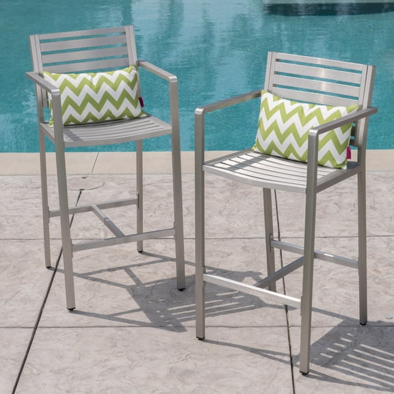 Outdoor Barstools Set of 2 with Rust-Proof Aluminum Frame and Durable Wicker, 29.5 Inch Height Silver Patio Bar Stools for Backyard, Deck, or BBQ Area Seating