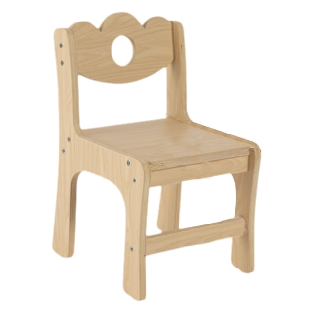 silla de madera para niños para escritorio, silla para niños para el hogar, sala de juegos, escuela Multicolor silla infantil de madera según ficha, vista frontal 3/4 con respaldo bajo curvado y recorte circular, asiento plano y patas rectas con travesaños y tornillos visibles, acabado claro, dimensiones aprox. 30 x 30 x 48 cm; a menudo usada también como silla de juego o comedor infantil.