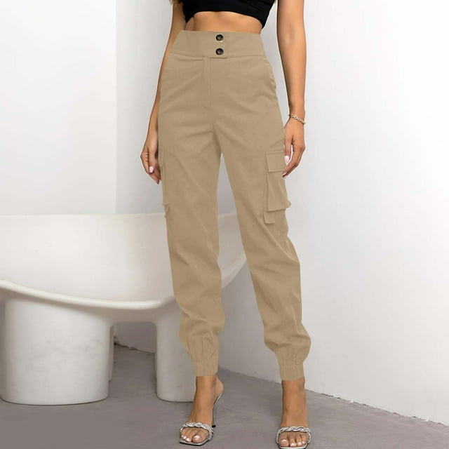 LOVZFMLL Women's Pants, Fashion Solid Color Button & Zipper Pocket Trousers Khaki, XL