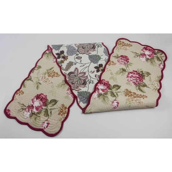 Rosewood Cream - Bloom Collection Luxury Handcrafted Runner (Reversible) Cotton Quilted Fabric Machine Washable – Elegant Home Decor – 14 x 72 inches