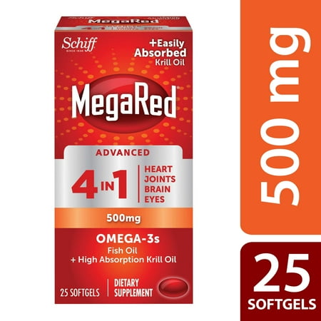 - MegaRed Advanced 4 in 1 Omega-3 Fish Oil + Krill Oil Softgels, 500 Mg, 25 Ct