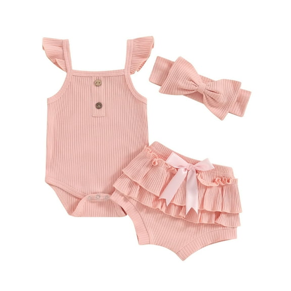 Odeerbi Baby Girls Layette Set Ruffle Sleeve Romper and Ruffle Bloomers with Headband Fashion Casual Sleeveless Romper Round Neck Collar Botton Printed Jumpsuit Shorts Sets Pink
