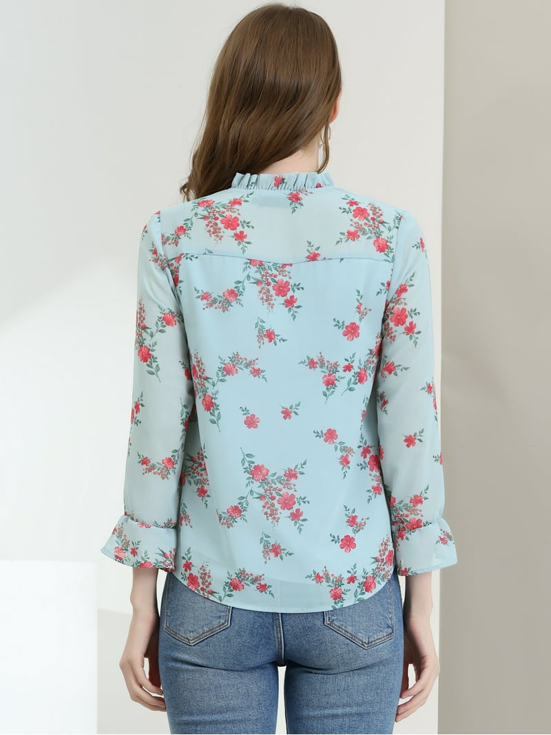 Unique Bargains Women's Floral Print Long Sleeve Ruffle