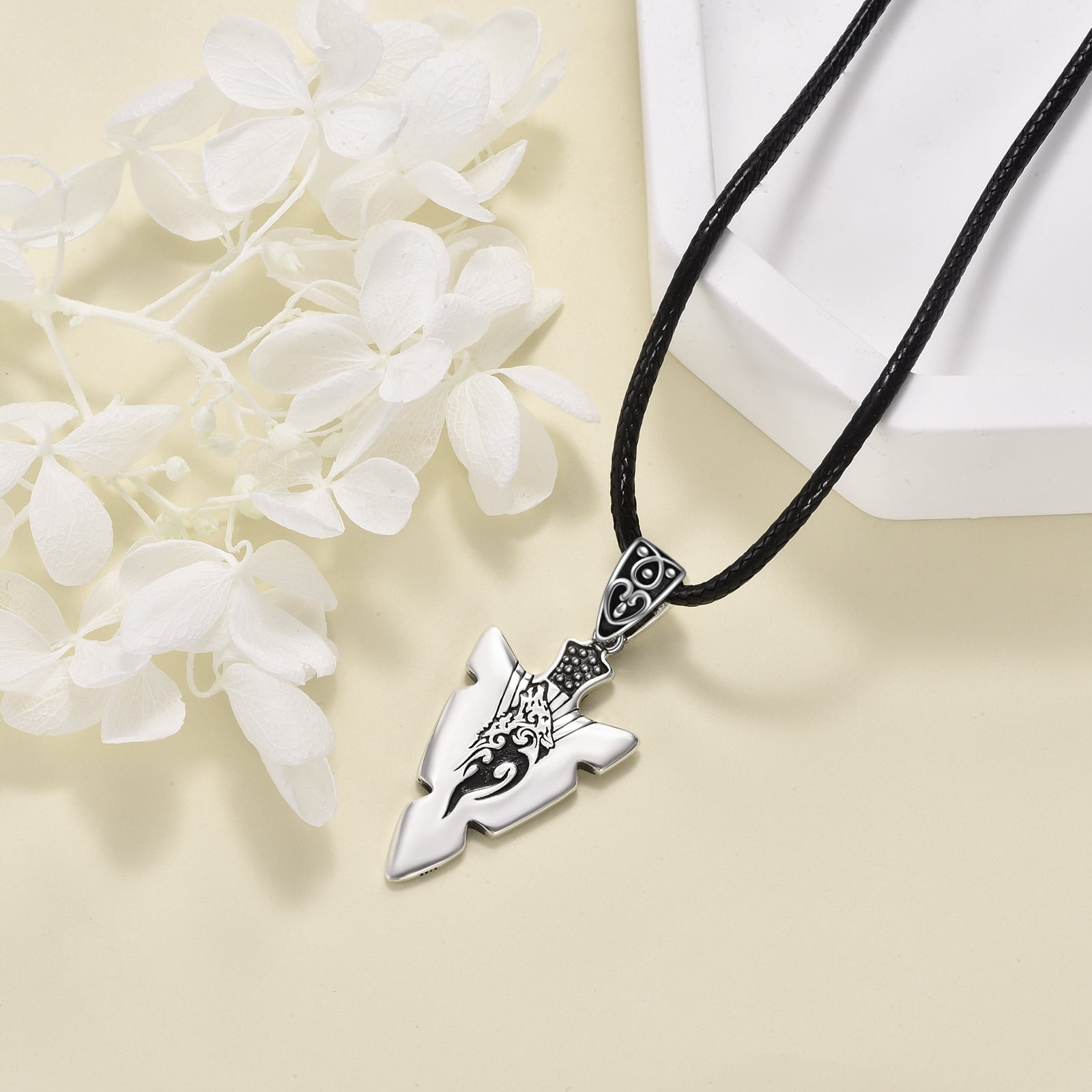 Arrowhead Necklace 925 Sterling Silver Wolf Viking Pendant Necklace Silver Spearpoint Leather Necklace Waterproof Cord Arrowhead Jewelry for Women Men