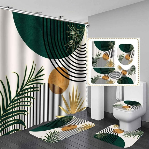 4PCS Wavy Swirl Shower Curtain Sets with Rugs, Abstract Shower Curtain, Waterproof Fabric Green Shower Curtain, 70s Art Cute Funky Groovy Vintage Retro Boho Minimal Aesthetic Bathroom Decor