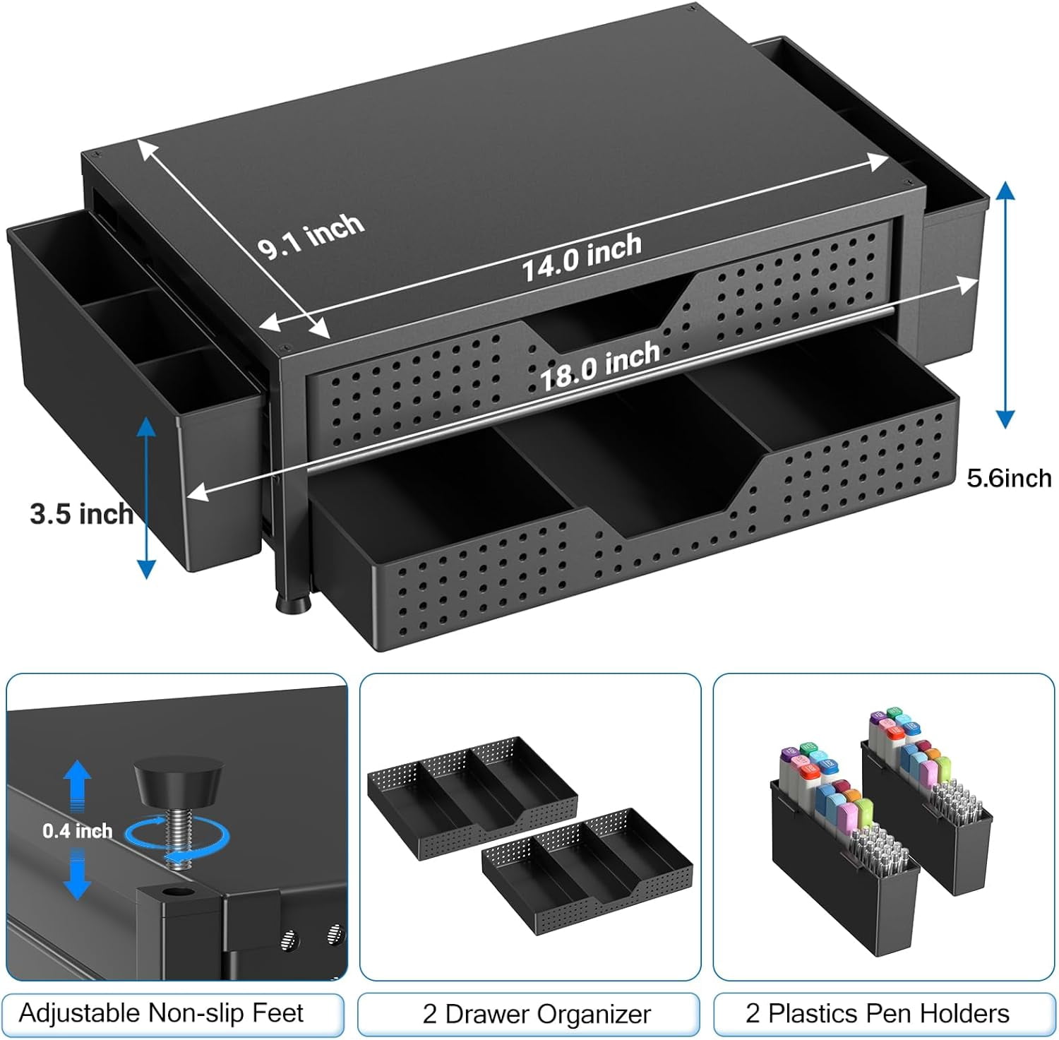 Computer Monitor Stand Riser with 2 Drawers & 2 Pen Holders, Desk Organizer for Office Supplies, Laptop Stand for Desk, Workspace Desk Organizers and Accessories for Home Office, Black