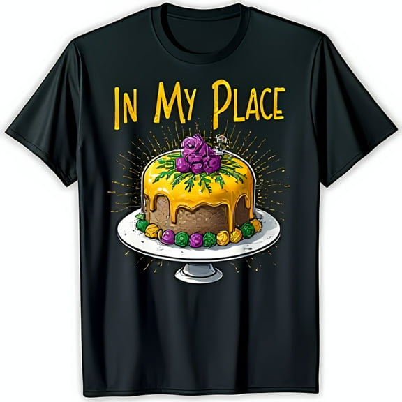 Black T-Shirt with 'In My Place' Graphic & Colorful King Cake Design