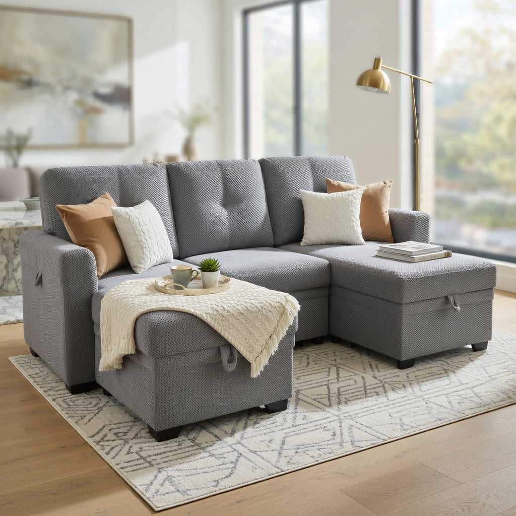 Hommoo Mid-Century Modern L-Shaped Sleeper Sectional Sofa with Pull-Out Bed, Reversible Chaise & Hidden Storage, Convertible Living Room Furniture for Small Spaces, Light Gray