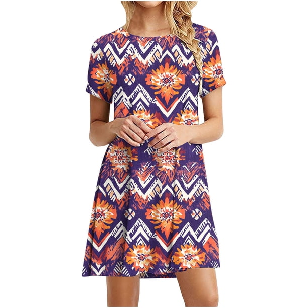 Vestido de Manga Corta para las Mujeres Casual Impreso Cuello Redondo, Vestido de las Señoras para la Primavera Y el Verano de Uso Diario