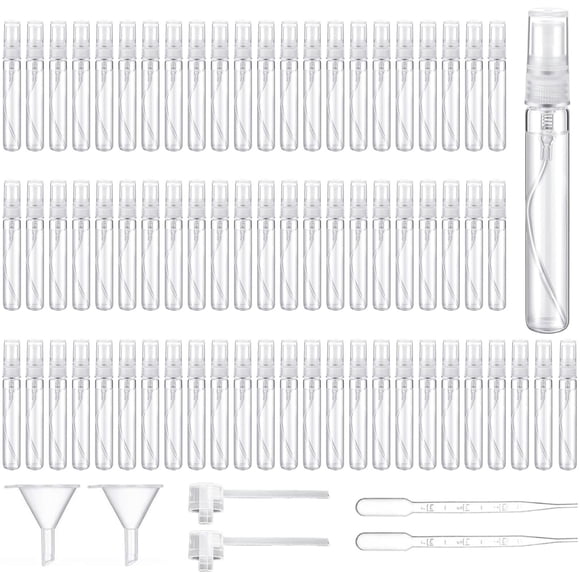 70 Pcs Mini Atomizador Perfume Recargable, Botellas de Viaje de Vidrio de 10 ml, Decants Perfumes Perfumeros de Bolsillo Rellenables, Travel Essentials con 6 Accesorios, para Limpieza, Perfume