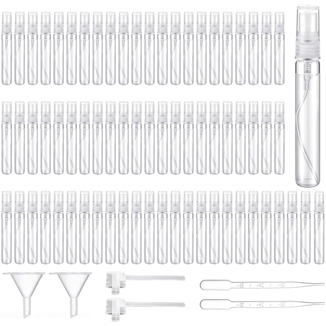 70 Pcs Mini Atomizador Perfume Recargable, Botellas de Viaje de Vidrio de 10 ml, Decants Perfumes Perfumeros de Bolsillo Rellenables, Travel Essentials con 6 Accesorios, para Limpieza, Perfume