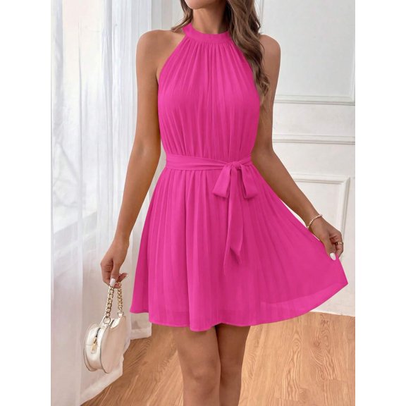 Hot Pink Halter Neck Sleeveless Pleated Mini Dress With Self-Tie Waist Belt For Women