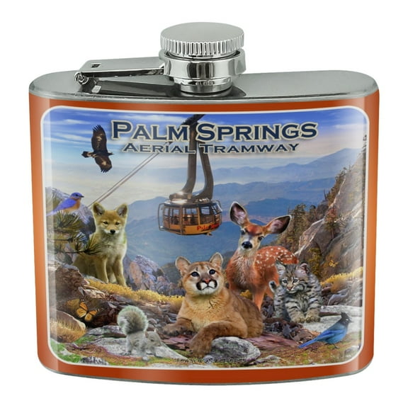 Palm Springs Aerial Tramway California CA Animals Cougar Deer Bobcat Stainless Steel 5oz Hip Drink Kidney Flask