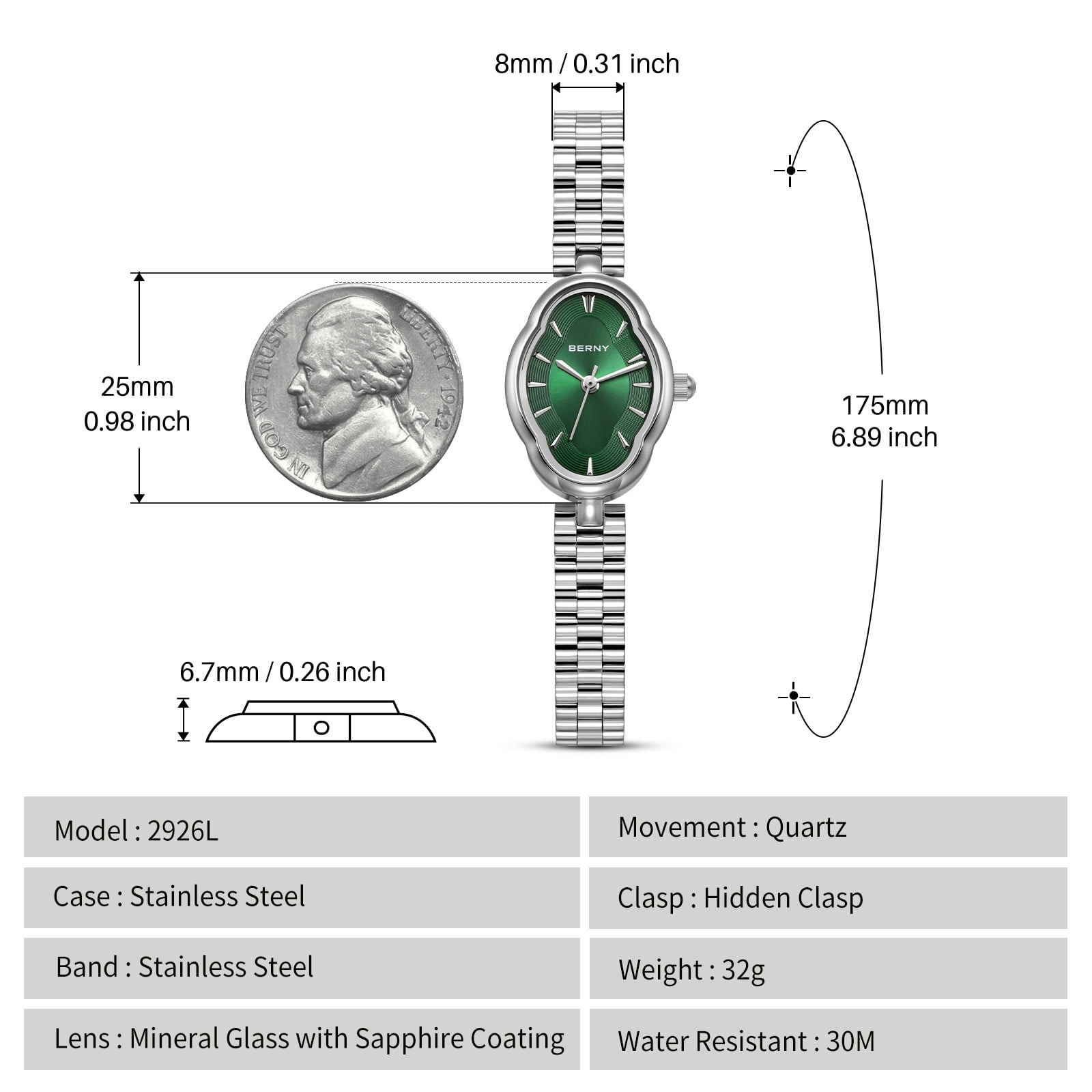 BERNY Small Silver Watches for Women Dainty Vintage Ladies Analog Quartz Bracelet Watch, Adjustment Tool Included Stainless Steel Waterproof, Fashion Luxury Womens Wrist Watches Gifts (Green)