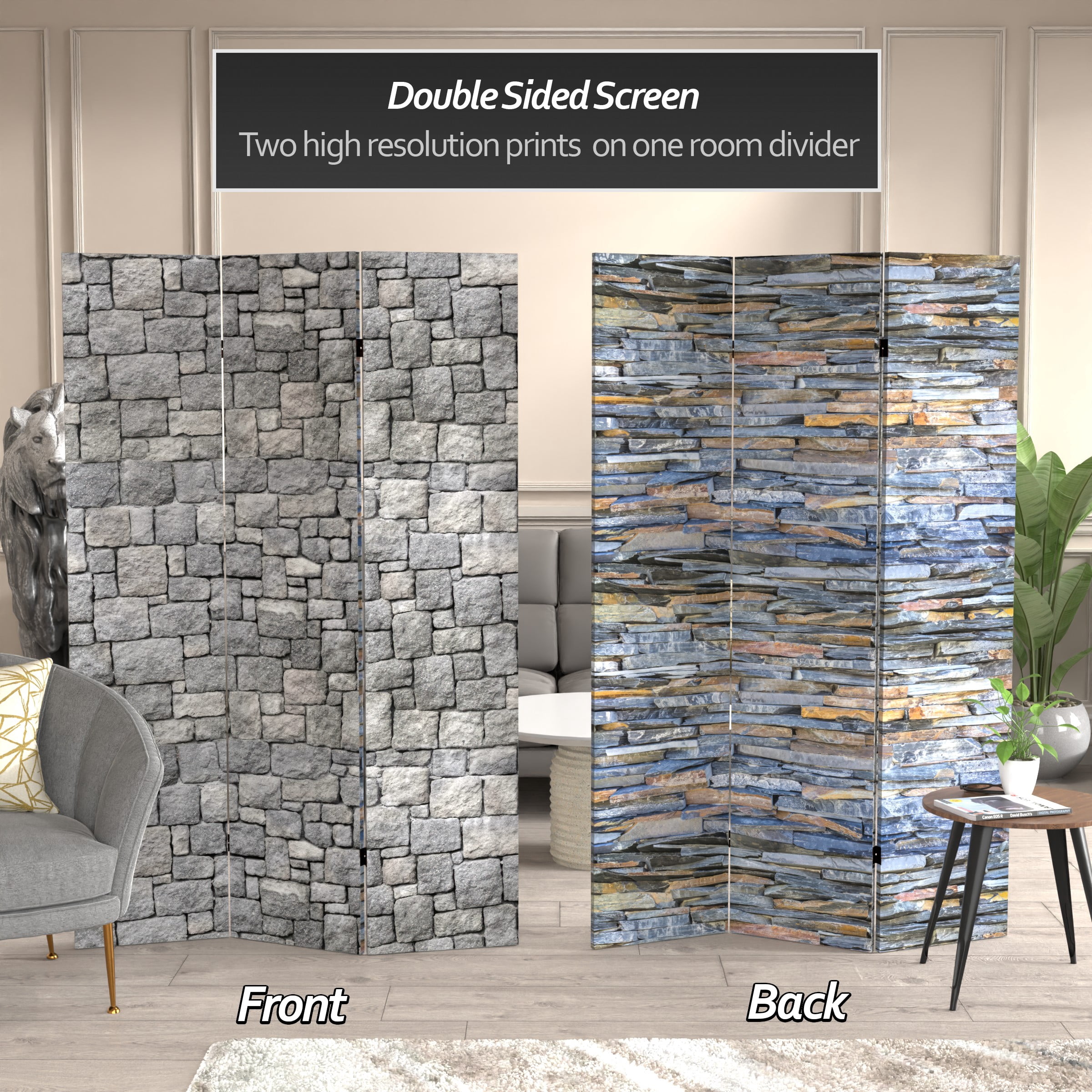 Red Lantern 6 ft. Tall Medieval Stone Room Divider - 3 Panels, Canvas, Grey