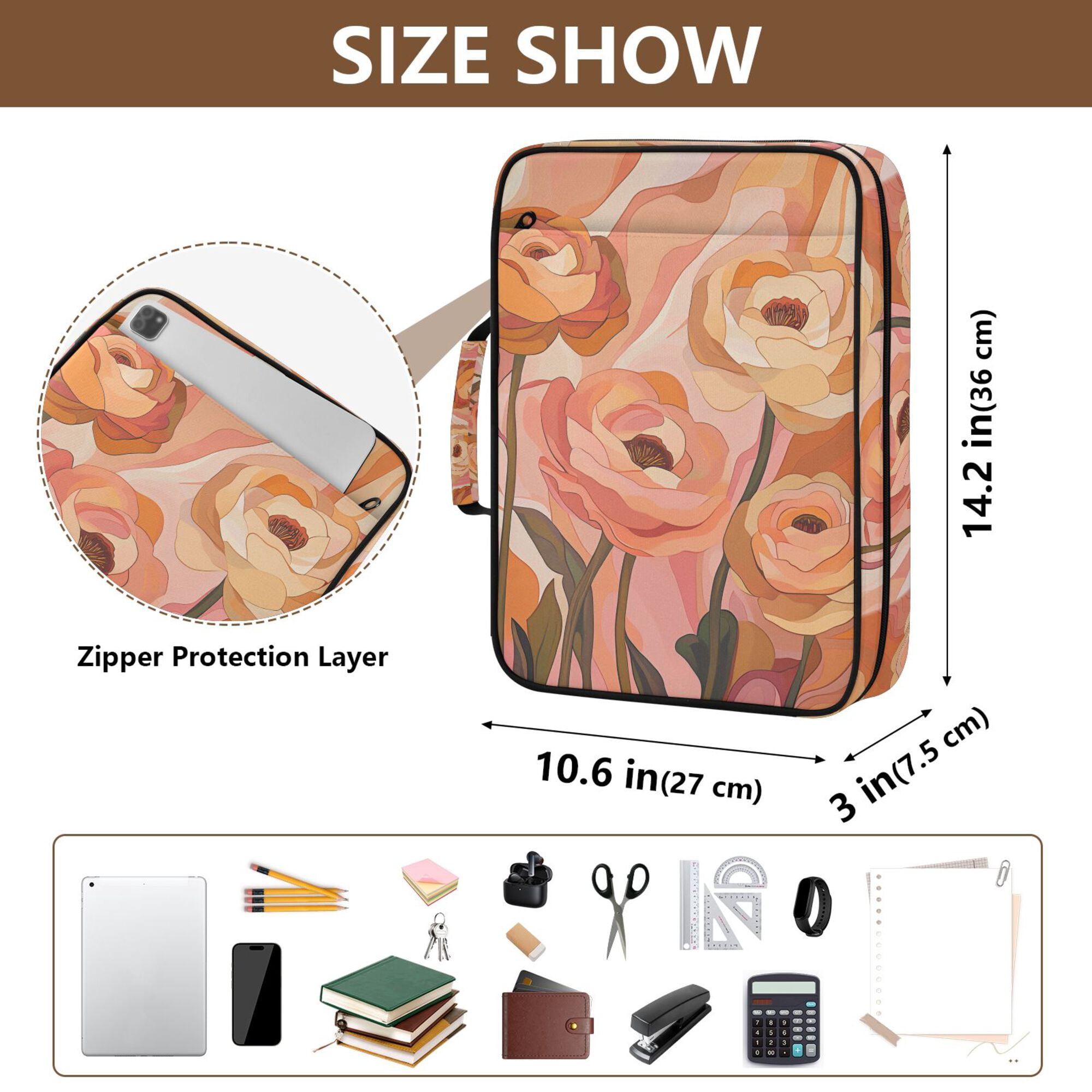 FORMRS Accordion File Folder A4 Size 7-Pocket Expanding Document Organizer Bag with 3 Ring Binder, Abstract Orange Flowers