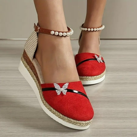 

AOOCHASLIY Independence Day Shoes Women s Summer Large Size Bun Head Lightweight Pearl Buckle Platform Wedge Sandals